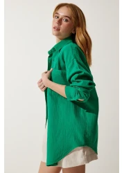 Happiness İstanbul Women's Green Pocket Oversize Muslin Shirt MX00150