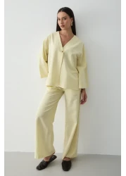 JASTE Women's Buttoned V-Neck Kimono & Elastic Waist Trousers Linen Set