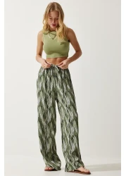 Happiness İstanbul بنطلون بالازو فسكوزي منقوش باللون الكاكي للنساء EN00606