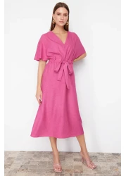  Collection Fuchsia Tie Detailed A-line V-neck Midi Woven Dress TWOSS23EL01543