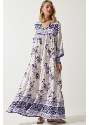 Happiness İstanbul فستان فيسكوز طويل كبير الحجم منقوش باللون الأرجواني للنساء DD01309