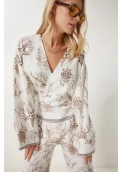 Happiness İstanbul طقم تونيك وبنطلون صيفي منقوش باللون البني للنساء FN03457