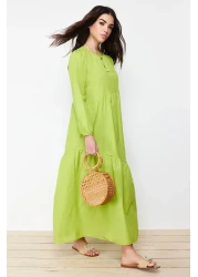  Modest فستان منسوج من القطن ذو قصة واسعة باللون الأخضر الزيتي TCTSS21EL3470