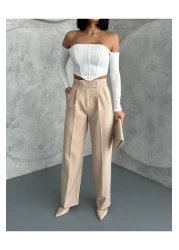 Zeo Basic Women's High Waist Velcro Closure Palazzo Pants