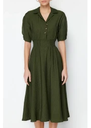  Collection Khaki A-line Shirt Collar Guiped Midi Woven Dress TWOSS21EL1023