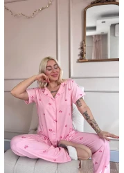 Pijamaevi Pink B Patterned Bamboo Front Buttoned Short Sleeve Pajama Set