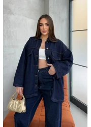 ASEDE Pocket Detailed Belted Navy Blue Denim Premium Jacket Jean Set