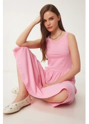 Happiness İstanbul فستان نسائي صيفي محبوك بياقة رسن وردي اللون CR00474