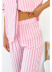 FENZO Women's Cotton Viscose Pink Pajama Set Buttoned Piping and Pocket Detailed Printed Double Suit