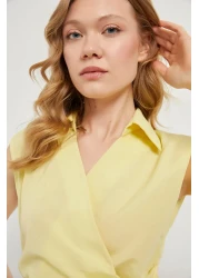 Arma Life Women's Side Tie Sleeveless Double Breasted Collar Yellow Blouse
