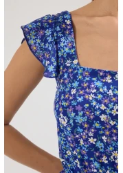  Collection فستان منسوج متوسط الطول من الفيسكوز بطبعة زهور باللون الأزرق الداكن ورقبة مربعة على شكل حرف A TWOSS20EL3331