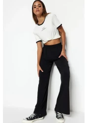  Collection بنطلون محبوك عالي الخصر قابل للتمدد - أسود مريح ذو قصة واسعة الساق TWOSS23PL00129