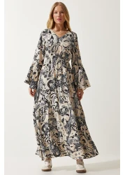 Happiness İstanbul فستان فيسكوز صيفي منقوش باللون البيج للنساء DD01303