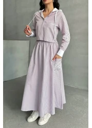 MD trend طقم تنورة قميص وغطاء للرأس مخطط للسيدات مكون من قطعتين