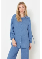  Modest طقم علوي منسوج من الكتان باللون النيلي TCTSS24US00062