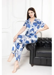mervemoda Women's Silk Satin Thin Summer Front Button Pajamas Set