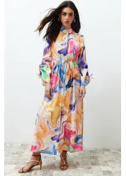  Modest Multi-Colored Magnifying Collar Drawstring Gather Detailed Abstract Woven Dress TCTSS24EB00103