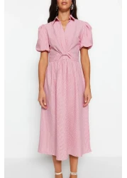  Collection Pink Striped Double Breasted Collar Midi Woven Dress TWOSS23EL02233