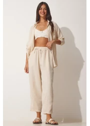 Happiness İstanbul طقم بنطلون شالوار قميص كتان كريمي نسائي DZ00080