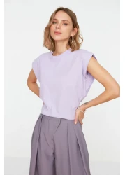  Collection تي شيرت منسوج أساسي برقبة دائرية ومظهر حشو قطن 100% أرجواني TWOSS20TS0021