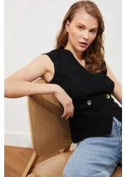  Collection بلوزة منسوجة مزدوجة الصدر بأزرار على شكل عظمة سوداء TWOSS20BZ0707