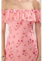  Collection Pink Floral Skirt Waist Opening Ruffle Chiffon Flight Flight Woven Midi Dress Twoss25El00278