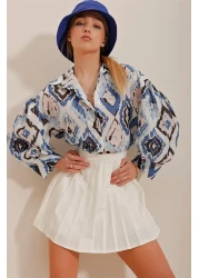 Trend Alaçatı Stili Women's Indigo Princess Ethnic Patterned Flaming Linen Woven Shirt ALC-X10396