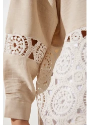 Happiness İstanbul Women's Beige Lace Detailed Linen Shirt TP00031