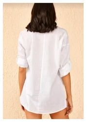 GALAVİP قميص كتان أبيض كبير الحجم بجيب مزدوج للسيدات