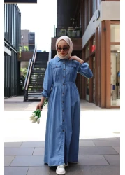 HARMAN BUTİK Buttoned Long Denim Hijab Dress Light Blue