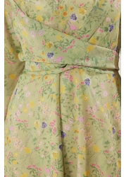  Modest فستان أخضر مزدوج الصدر مع ربطة عنق من الشيفون وبطانة منسوجة من الزهور TCTSS25EB00072