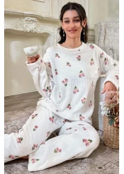 BELLA NOTTE Floral Print Corduroy Cotton Long Pajamas Set