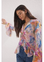  Collection Powder-Multicolor Front Body and Sleeve Ruffle Detailed Tie-Up Woven Shirt Twoss25Go00090