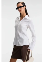 GRIMELANGE قميص PAPILUS النسائي العادي 100% من القطن العضوي الرقيق ذو الياقة الطويلة والأكمام الطويلة باللون الأبيض