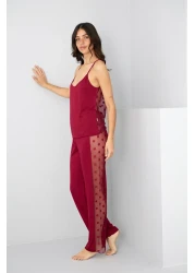 Siyah İnci طقم بيجامة فيسكوز بتفاصيل حبل عنابي اللون من التول 7769