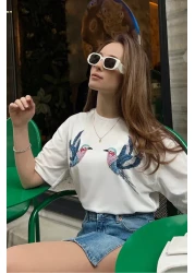 Bianco Lucci Women's Bird Patterned Combed Cotton Tshirt