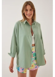 Happiness İstanbul قميص أساسي طويل كبير الحجم للنساء باللون الأخضر الفاتح DD00842