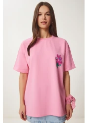 Happiness İstanbul Women's Pink Flower Printed Oversize Knitted T-Shirt Zv00282