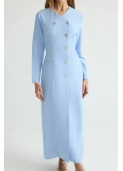  Modest Blue Button Woven Fabric Dress Tctss25Eb00027