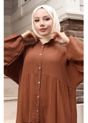 sefamerve فستان مطاطي بأكمام نصف زر 2074-01 أسمر