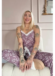 Pijamaevi طقم بيجامة نسائي محبوك بحزام حبل من الدانتيل باللون الأرجواني