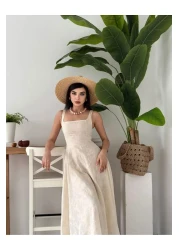 Afiş Butik فستان كتان مطرز بحزام سميك باللون البيج