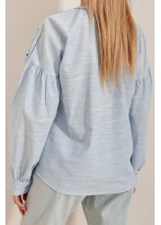 VAGGON Women's Blue Crew Neck Shoulders Embroidery Button Front Terry Cotton Blouse