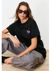  Collection Black 100% Cotton Front and Back Butterfly Printed Oversize/Wide Pattern Knitted T-Shirt TWOSS23TS00188