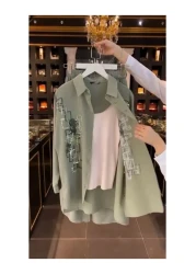 CLASSY.MODA Three-Piece Set - Shirt, Pants and Tank Top Scale Embroidered