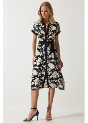 Happiness İstanbul Black Cream Floral Pattern Thin Viscose Summer Dress - DD01311