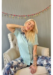Pijamaevi Mint Florado Exclusive Front Buttoned Short Sleeve Women's Pajamas Set