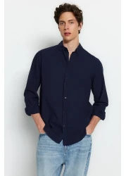  Collection Unisex Navy Blue Regular Fit Linen Look 100% Cotton Shirt - Tmnss23Go00099 Tmnss23Go00099