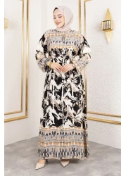 Tesettür Dünyası Beige Greenhouse Patterned Viscose Dress Tsd 250138