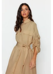  Modest Beige Cotton Shirt Dress with Adjustable Sleeves and Buttons - Tctss23Eb00365